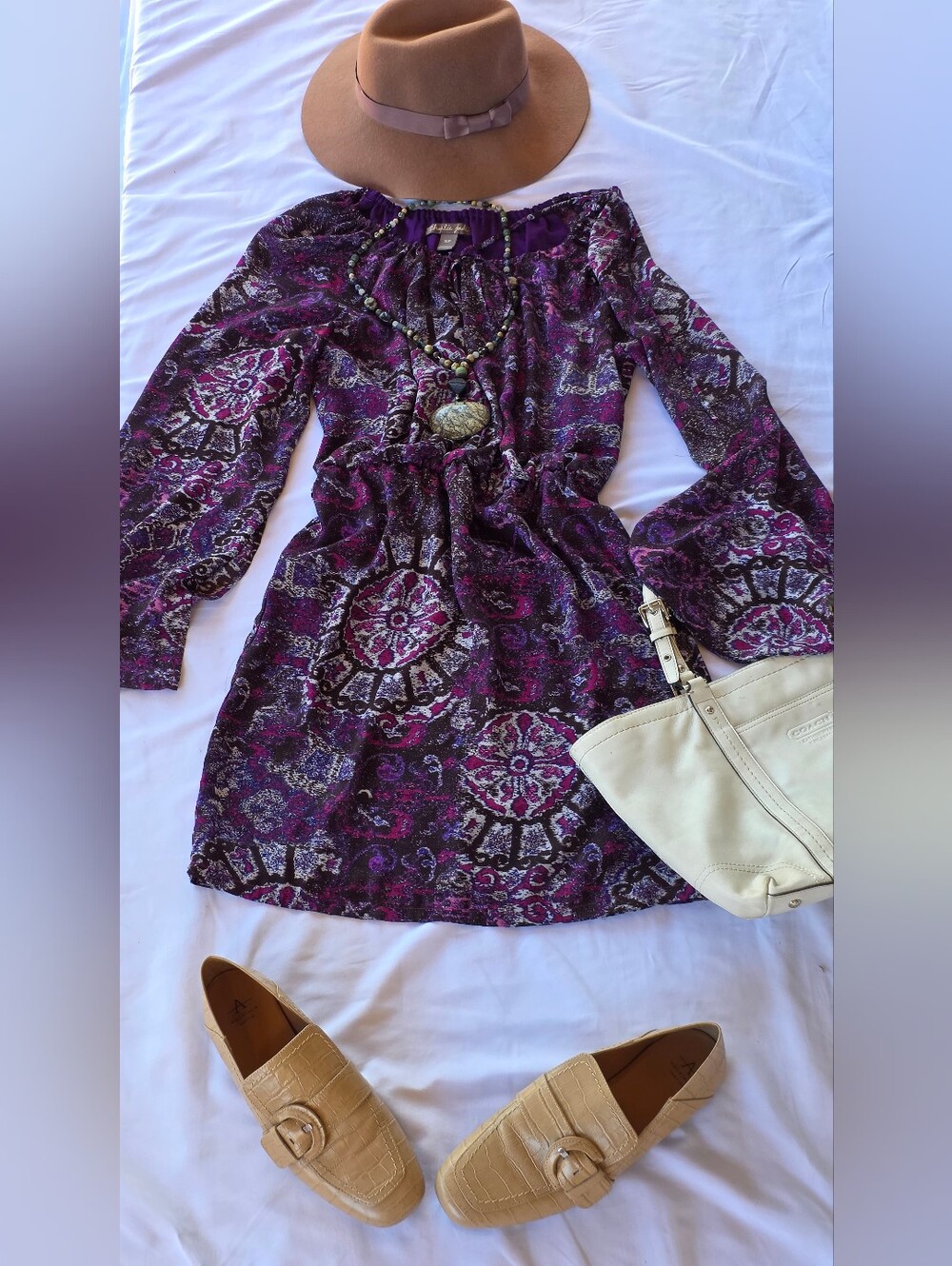 Charlie Jade Boho Medallion Print Peasant Dress Purple Pink Size S
